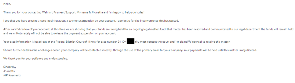 Walmart's response to my case