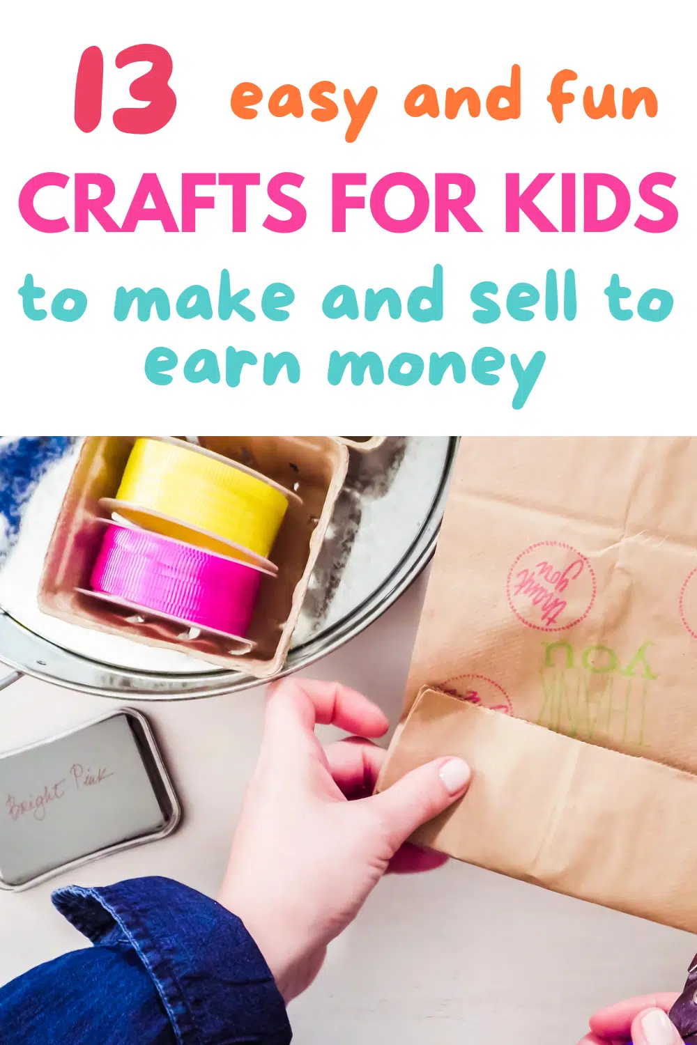 Hands busy with vibrant ribbons and a paper bag. Text reads