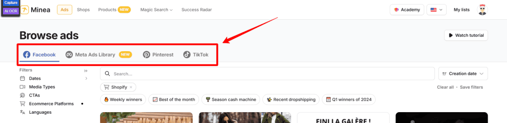 Minea only covers Facebook, Meta Ads Library, Pinterest, and Tiktok