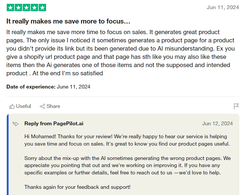 Page Pilot review from trustpilot