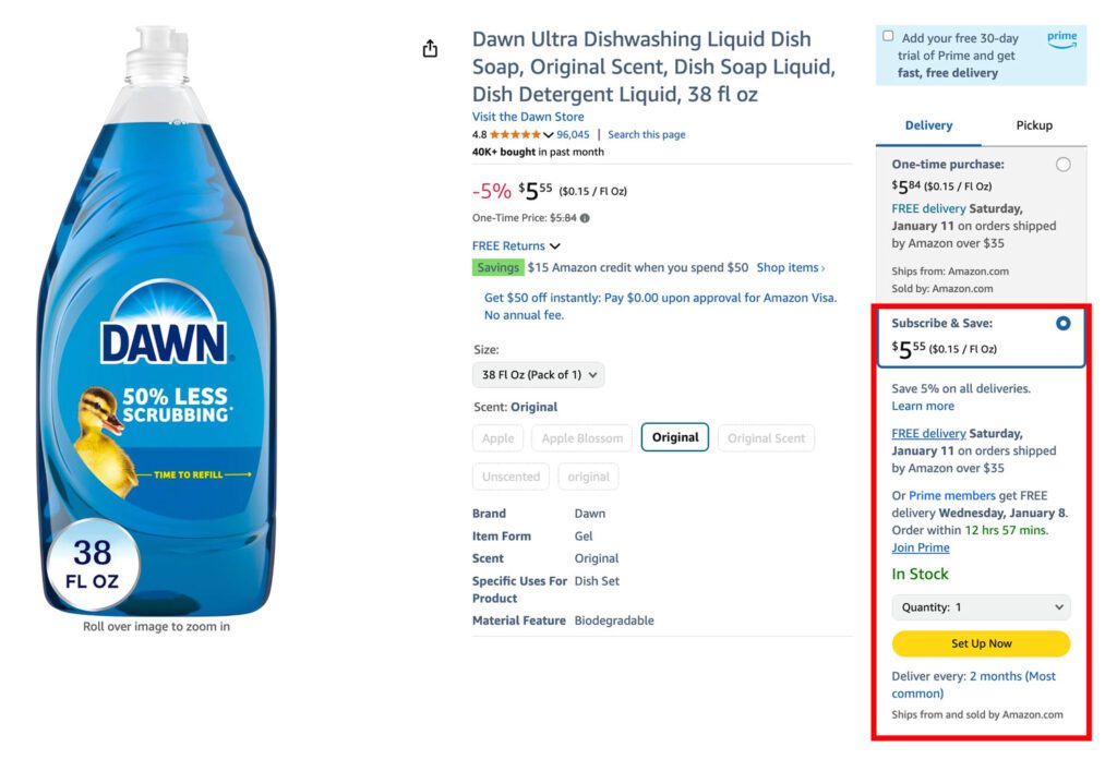 Amazon Subscribe and Save example of Dawn Ultra Diswashing Liquid Dis Soap